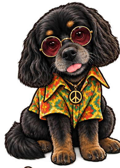 Grove, a black dog wearing rose-colored glasses and a groovy collared shirt